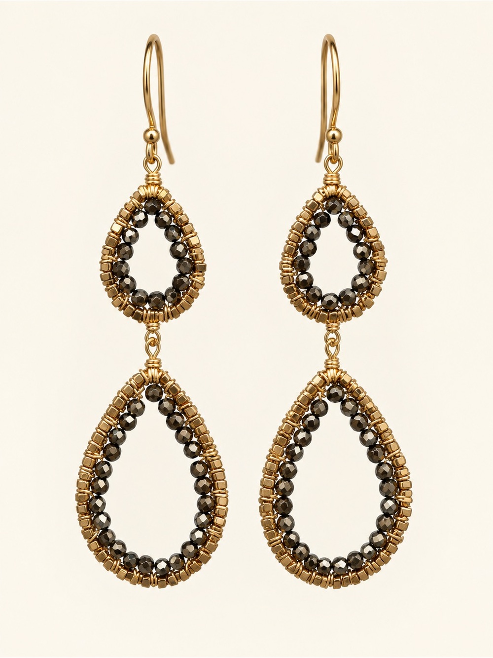 Dana Kellin Gold Double Teardrop Dangle Earrings with Dark Hematite Beads